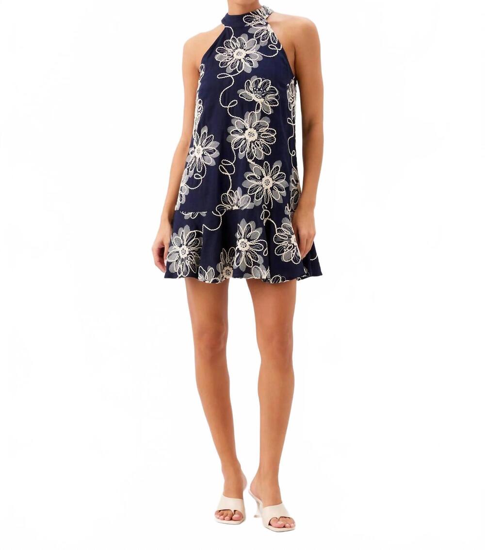 NEW FIFTEEN TWENTY women's brenda embroidered ruffle hem dress in navy